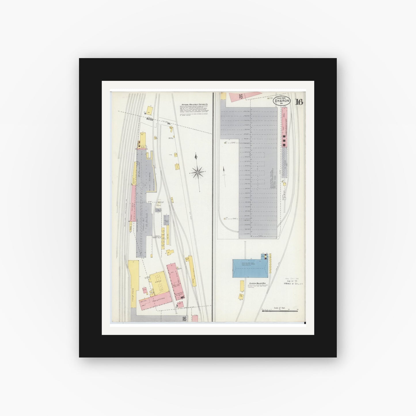 Old map wall art mockup — black gallery frame with white mat — Sanborn Fire Insurance Map from Sharon, Mercer County, Pennsylvania (1903), Sheet #0016