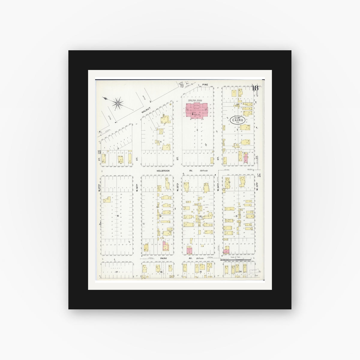 Old map wall art mockup — black gallery frame with white mat — Sanborn Fire Insurance Map from Cairo, Alexander County, Illinois (1907), Sheet #0018