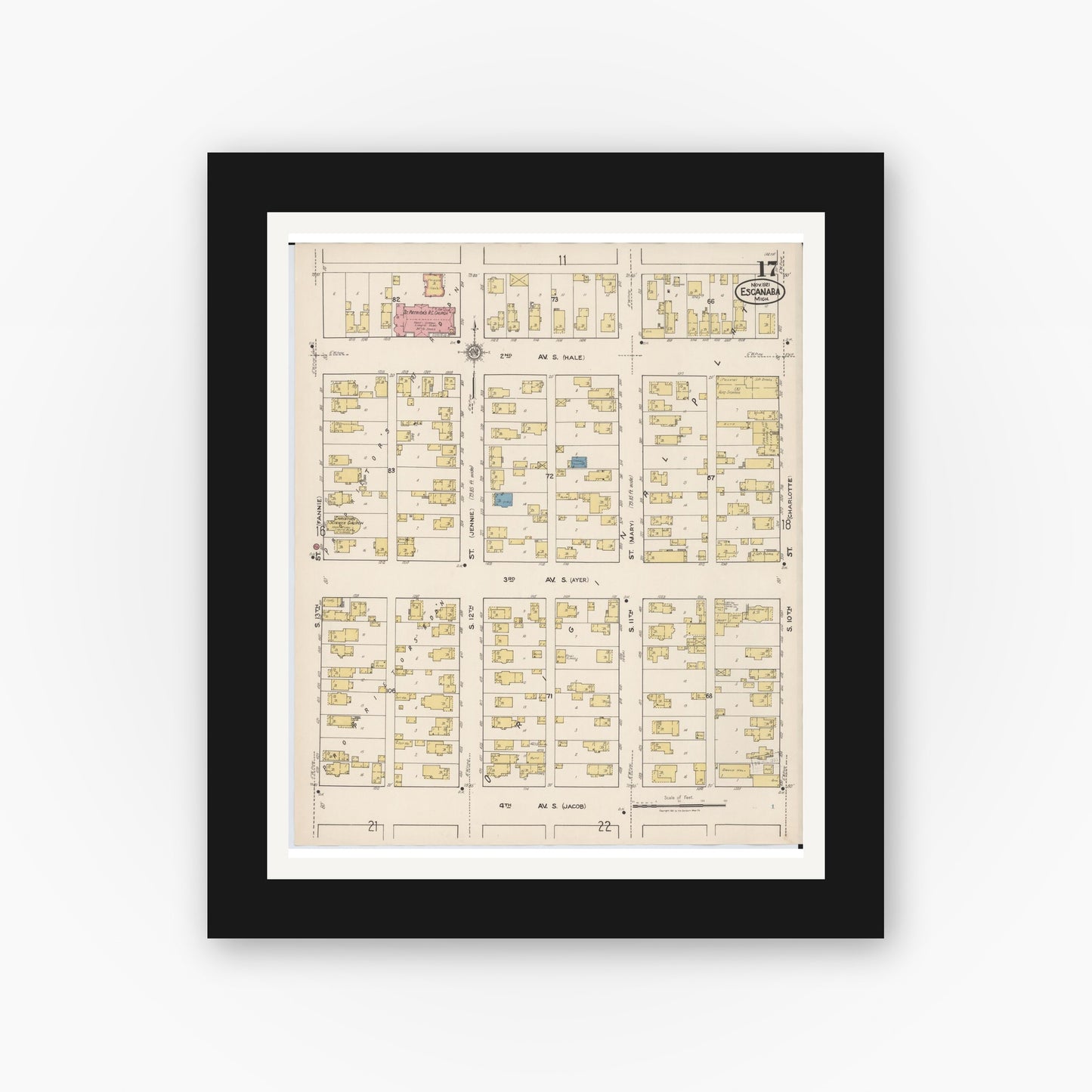 Old map wall art mockup — black gallery frame with white mat — Sanborn Fire Insurance Map from Escanaba, Delta County, Michigan (1921), Sheet #0017