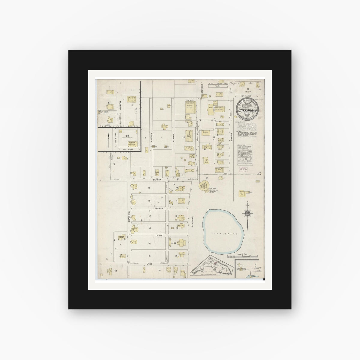 Old map wall art mockup — black gallery frame with white mat — Sanborn Fire Insurance Map from Cassadaga, Volusia County, Florida (1915), Sheet #0001