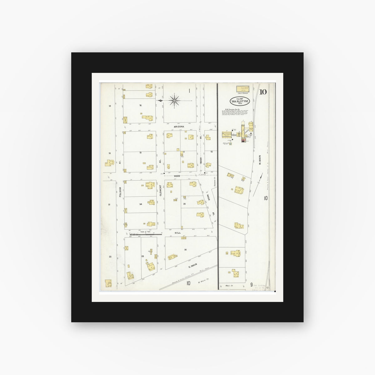 Old map wall art mockup — black gallery frame with white mat — Sanborn Fire Insurance Map from Van Alstyne, Grayson County, Texas (1907), Sheet #0010