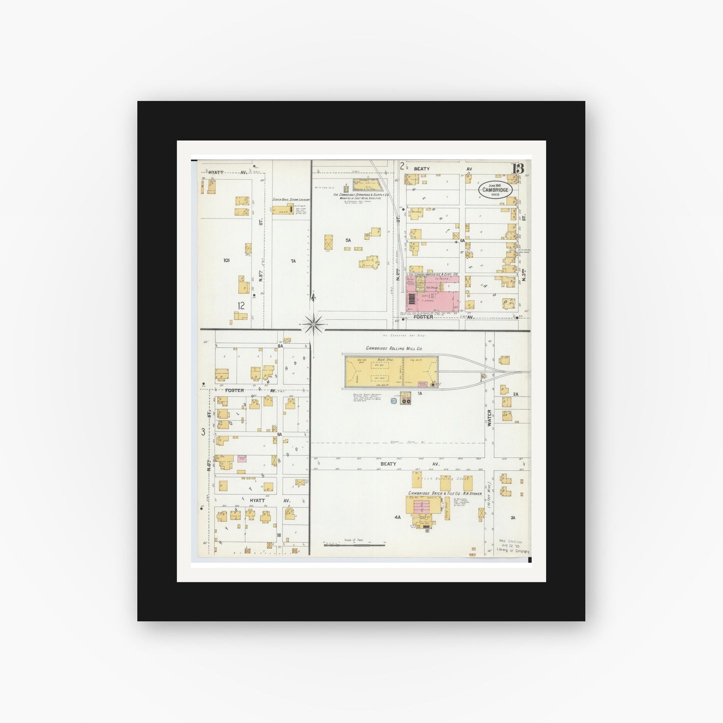 Old map wall art mockup — black gallery frame with white mat — Sanborn Fire Insurance Map from Cambridge, Guernsey County, Ohio (1901), Sheet #0013