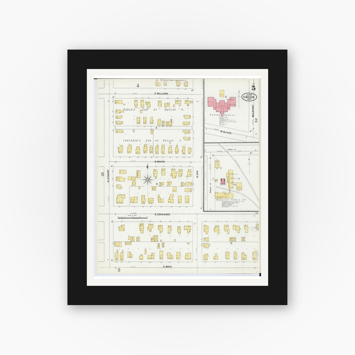 Old map wall art mockup β black gallery frame with white mat β Sanborn Fire Insurance Map from Owosso, Shiawassee County, Michigan (1900), Sheet #0005