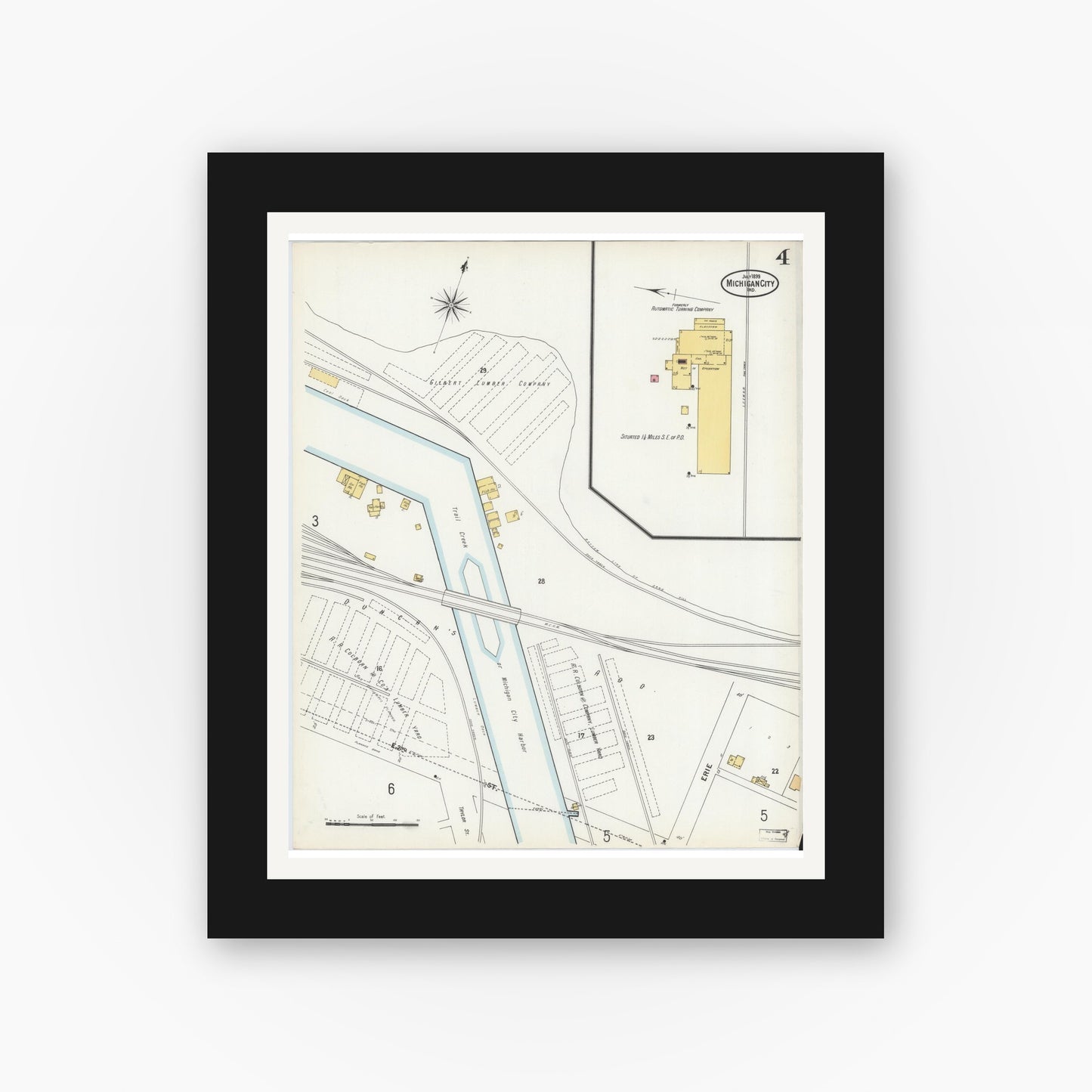 Old map wall art mockup — black gallery frame with white mat — Sanborn Fire Insurance Map from Michigan City, La Porte County, Indiana (1899), Sheet #0004