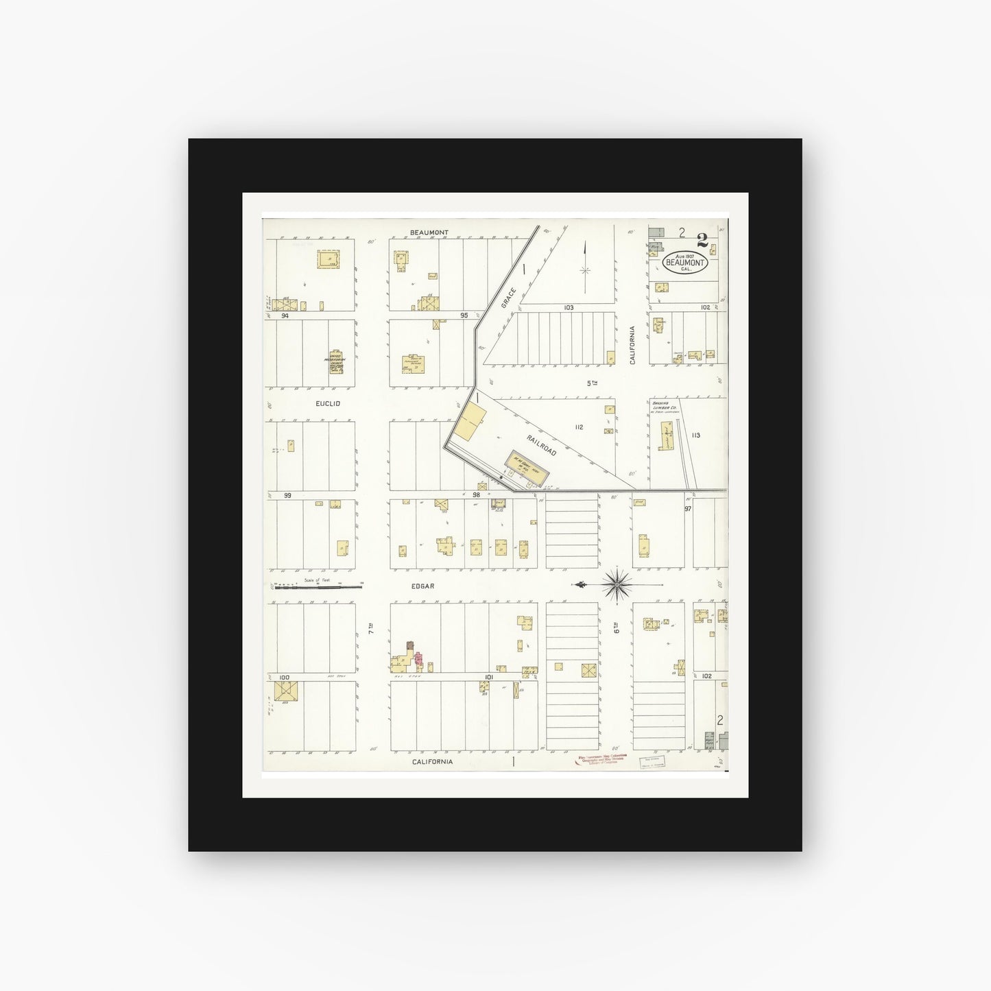 Old map wall art mockup — black gallery frame with white mat — Sanborn Fire Insurance Map from Beaumont, Riverside County, California (1907), Sheet #0002