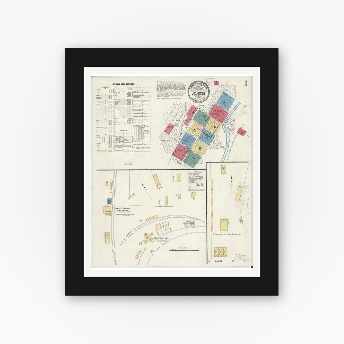 Old map wall art mockup — black gallery frame with white mat — Sanborn Fire Insurance Map from Saint Peter, Nicollet County, Minnesota (1908), Sheet #0001
