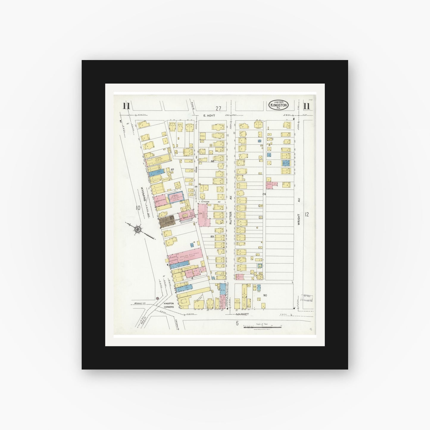 Old map wall art mockup — black gallery frame with white mat — Sanborn Fire Insurance Map from Kingston, Luzerne County, Pennsylvania (1925), Sheet #0011