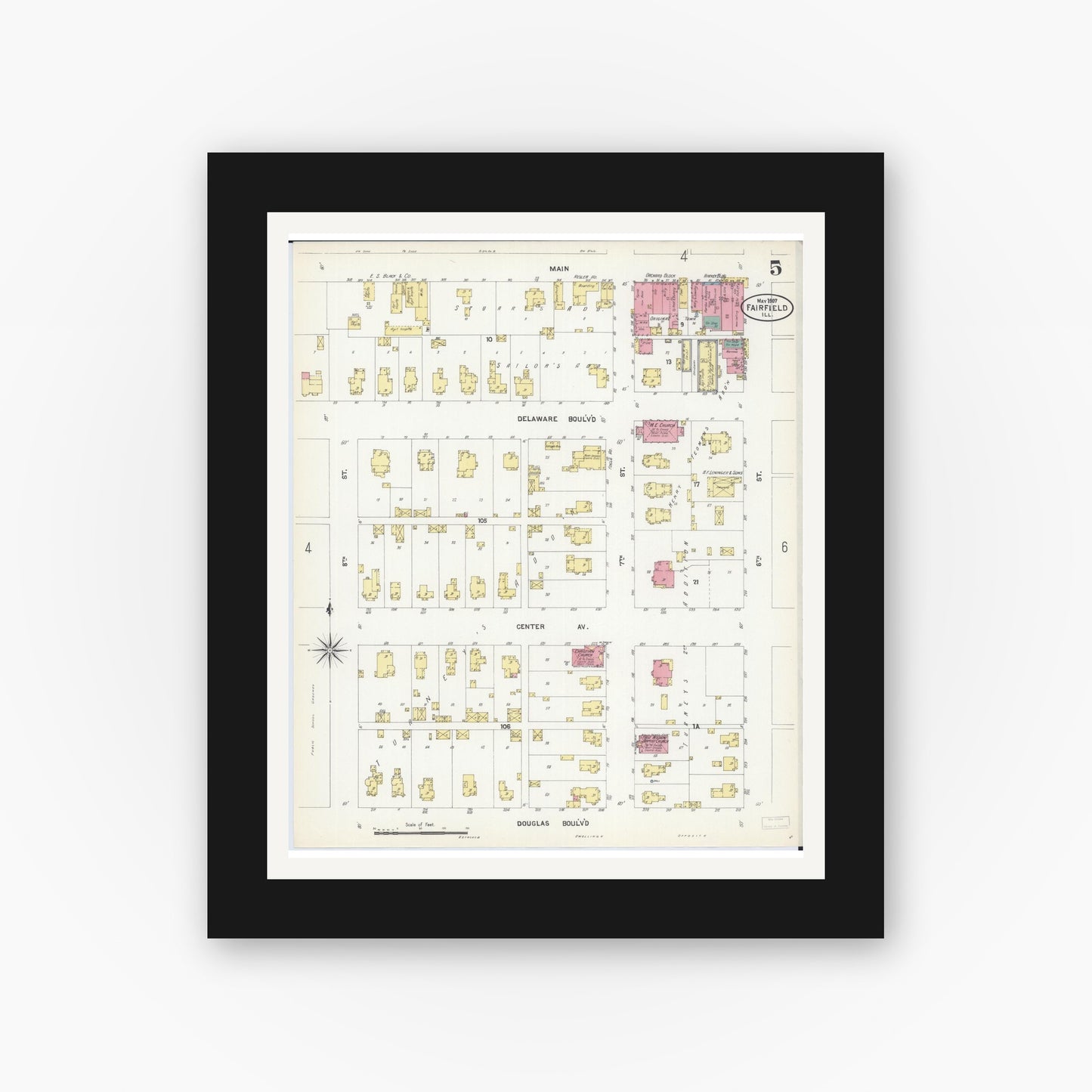 Old map wall art mockup — black gallery frame with white mat — Sanborn Fire Insurance Map from Fairfield, Wayne County, Illinois (1907), Sheet #0005