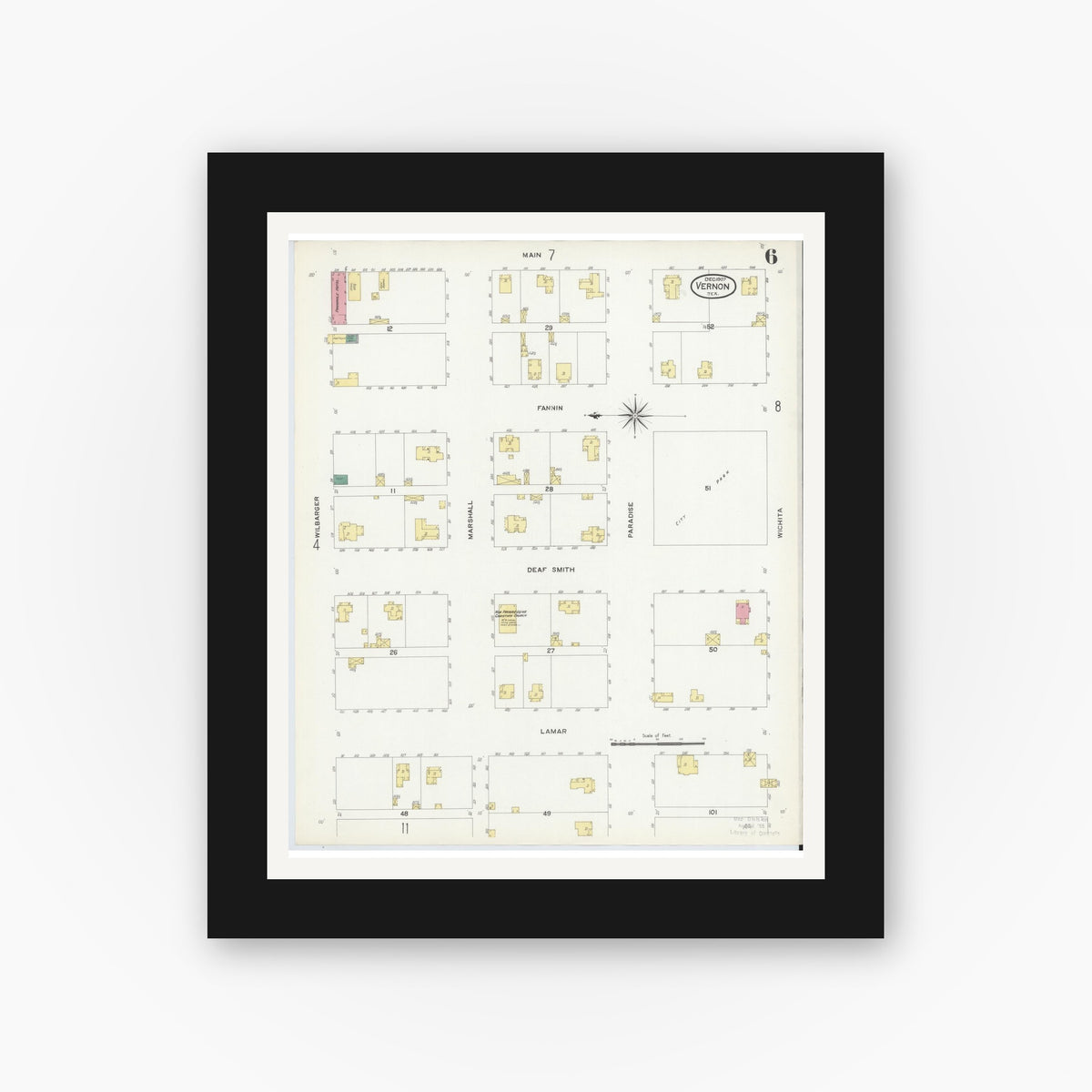 Old map wall art mockup — black gallery frame with white mat — Sanborn Fire Insurance Map from Vernon, Wilbarger County, Texas (1907), Sheet #0006