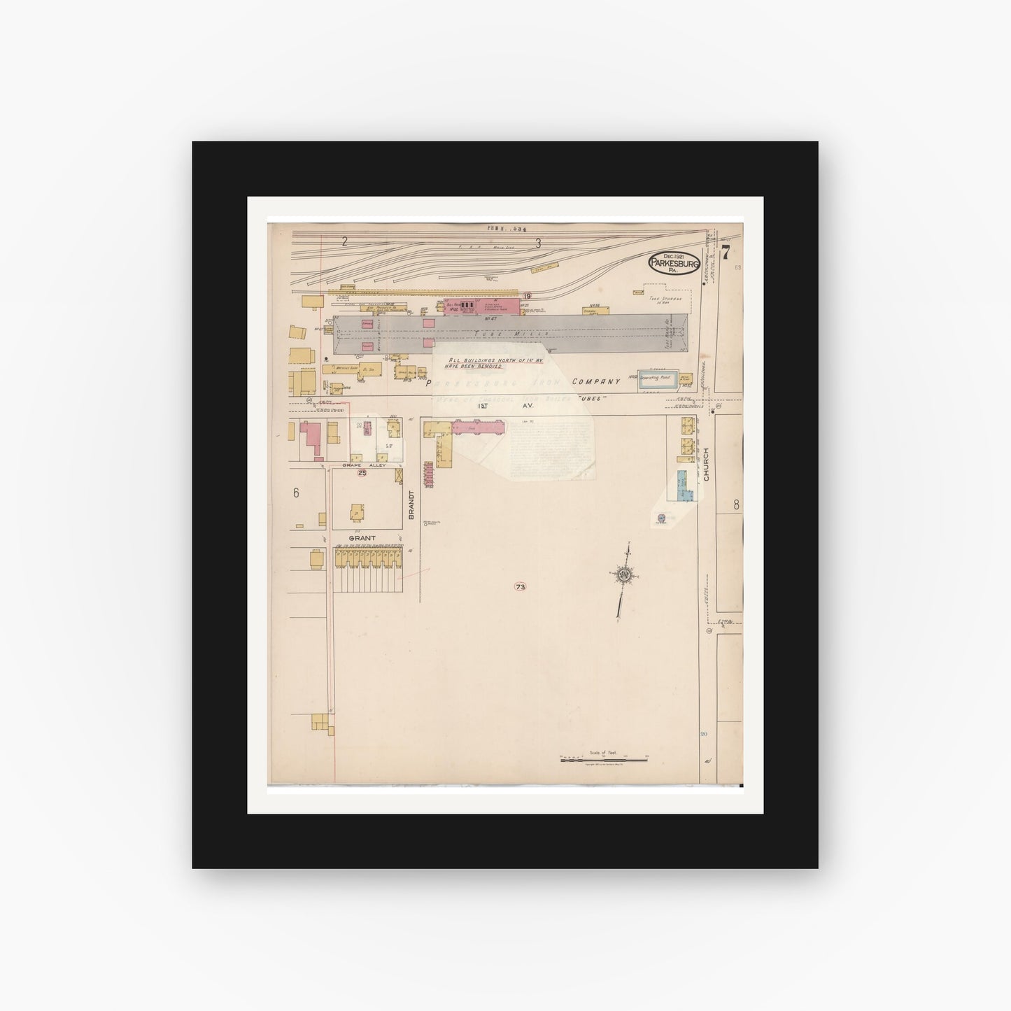 Old map wall art mockup — black gallery frame with white mat — Sanborn Fire Insurance Map from Parkesburg, Chester County, Pennsylvania (1934), Sheet #0007