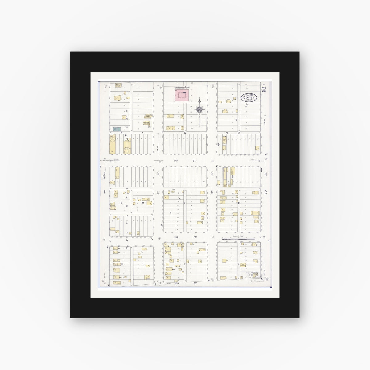 Old map wall art mockup — black gallery frame with white mat — Sanborn Fire Insurance Map from Bovey, Itasca County, Minnesota (1909), Sheet #0002