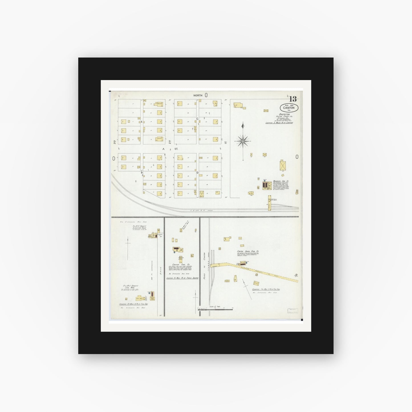 Old map wall art mockup — black gallery frame with white mat — Sanborn Fire Insurance Map from Canton, Fulton County, Illinois (1902), Sheet #0013