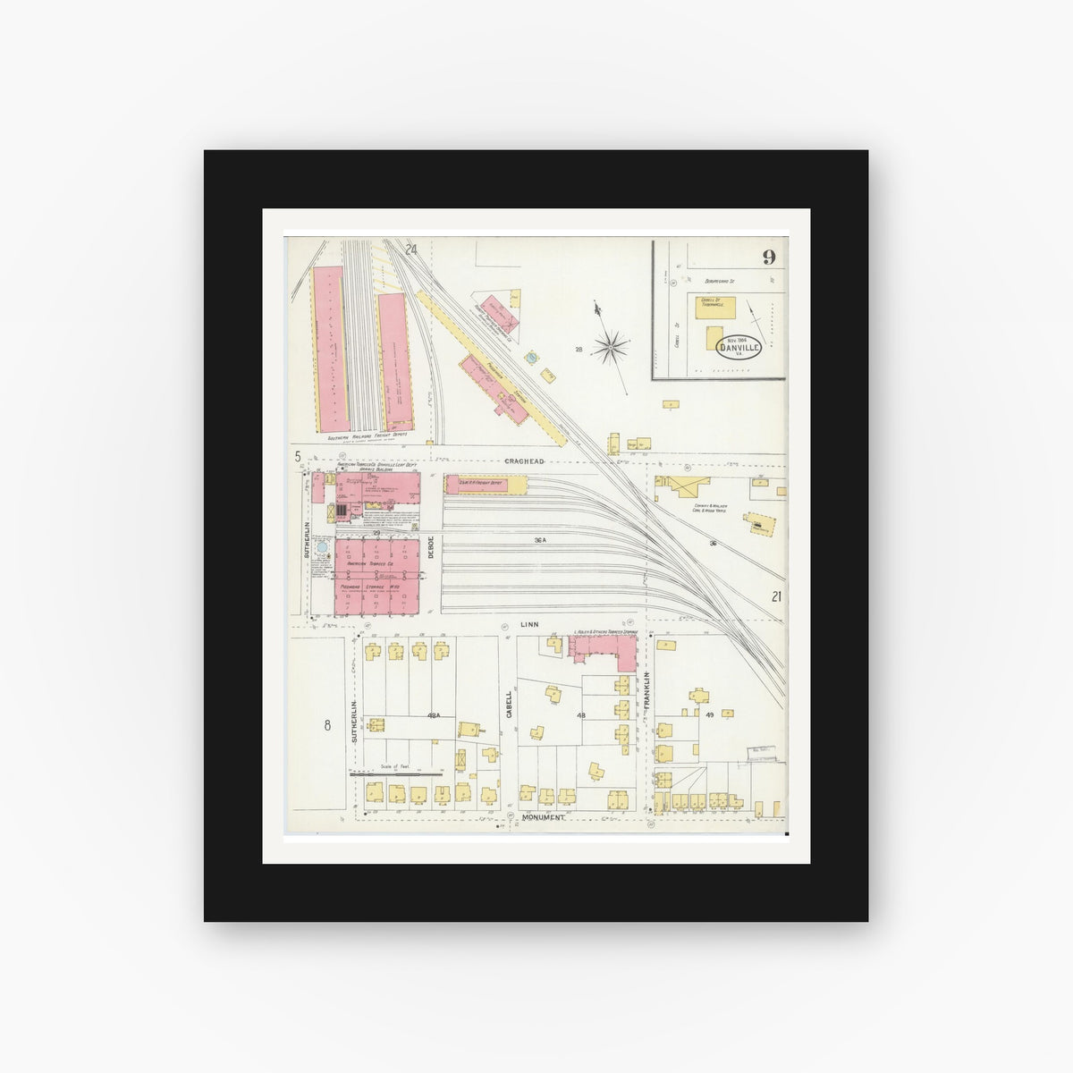 Old map wall art mockup — black gallery frame with white mat — Sanborn Fire Insurance Map from Danville, Independent Cities, Virginia (1904), Sheet #0009
