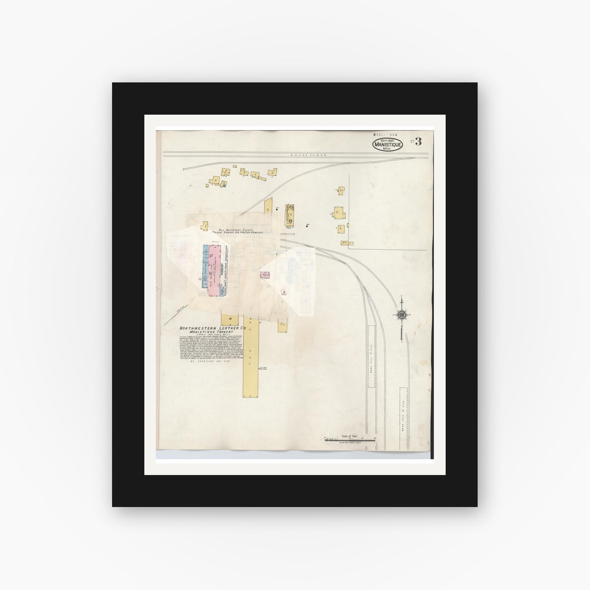 Old map wall art mockup — black gallery frame with white mat — Sanborn Fire Insurance Map from Manistique, Schoolcraft County, Michigan (1950), Sheet #0003