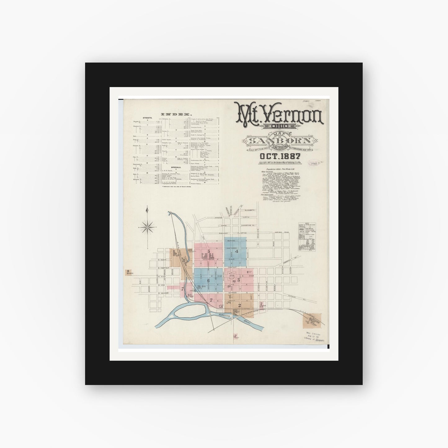 Old map wall art mockup — black gallery frame with white mat — Sanborn Fire Insurance Map from Mount Vernon, Knox County, Ohio (1887) - Complete Map Set