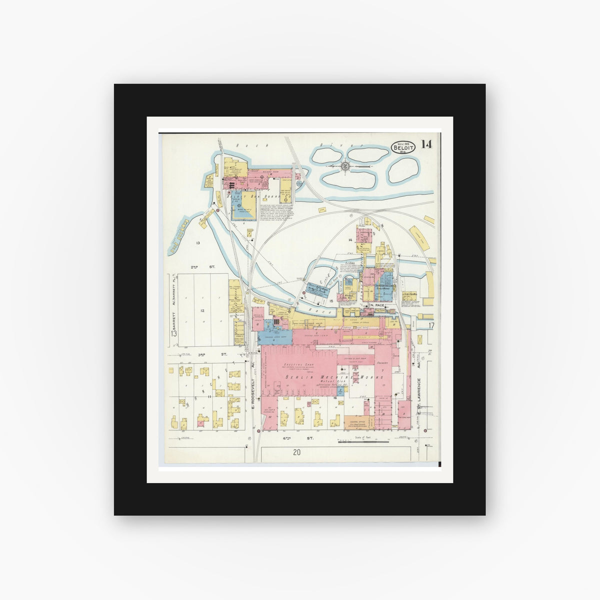 Old map wall art mockup — black gallery frame with white mat — Sanborn Fire Insurance Map from Beloit, Rock County, Wisconsin (1915), Sheet #0014