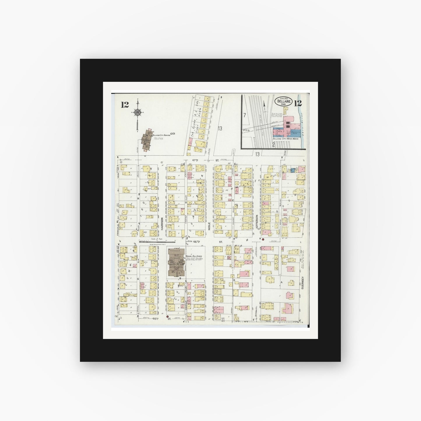 Old map wall art mockup — black gallery frame with white mat — Sanborn Fire Insurance Map from Bellaire, Belmont County, Ohio (1924), Sheet #0012