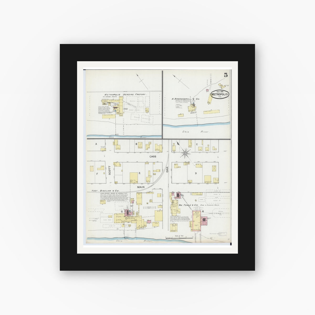 Old map wall art mockup — black gallery frame with white mat — Sanborn Fire Insurance Map from Metropolis, Massac County, Illinois (1892), Sheet #0005