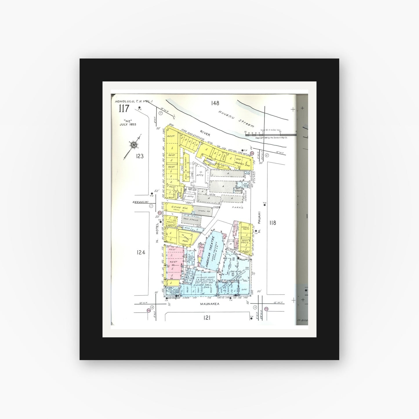 Old map wall art mockup — black gallery frame with white mat — Sanborn Fire Insurance Map from Honolulu, Oahu County, Hawaii (1955), Sheet #0117