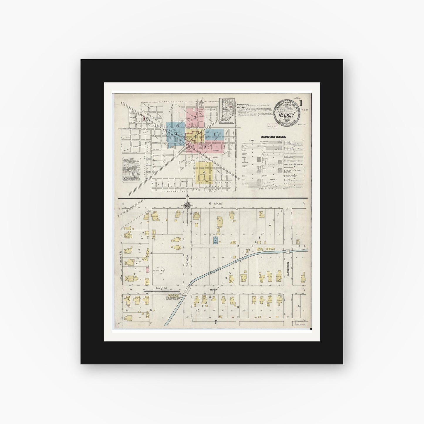Old map wall art mockup — black gallery frame with white mat — Sanborn Fire Insurance Map from Redkey, Jay County, Indiana (1915) - Complete Map Set