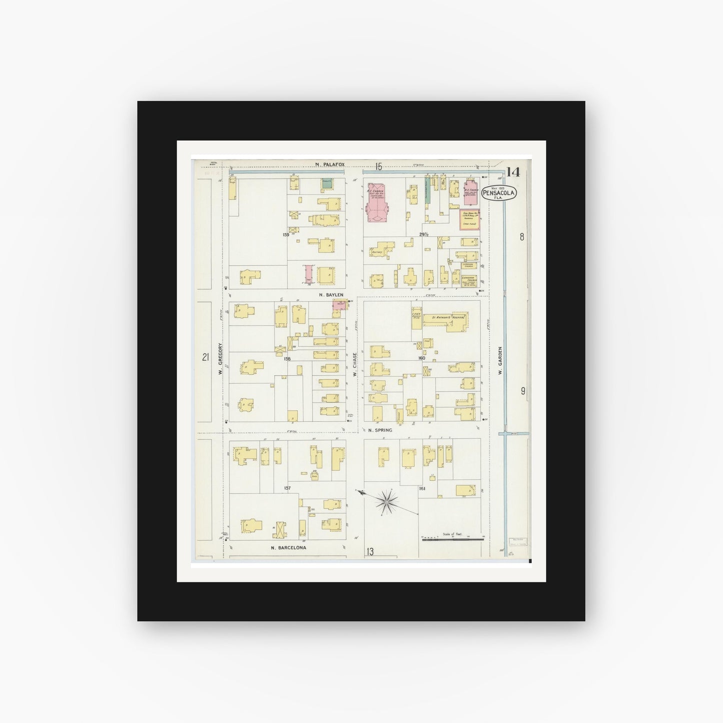 Old map wall art mockup — black gallery frame with white mat — Sanborn Fire Insurance Map from Pensacola, Escambia County, Florida (1903), Sheet #0014