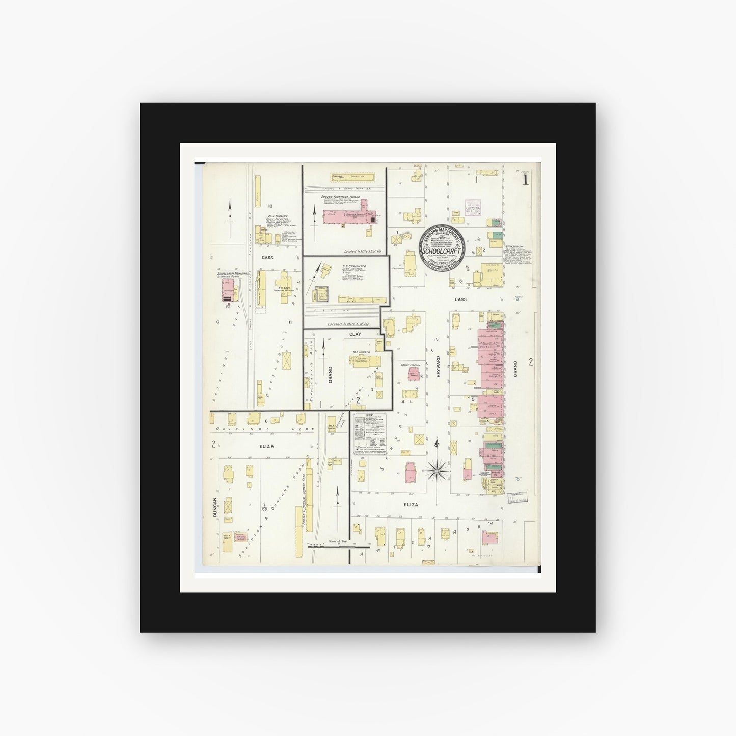 Old map wall art mockup — black gallery frame with white mat — Sanborn Fire Insurance Map from Schoolcraft, Kalamazoo County, Michigan (1908) - Complete Map Set