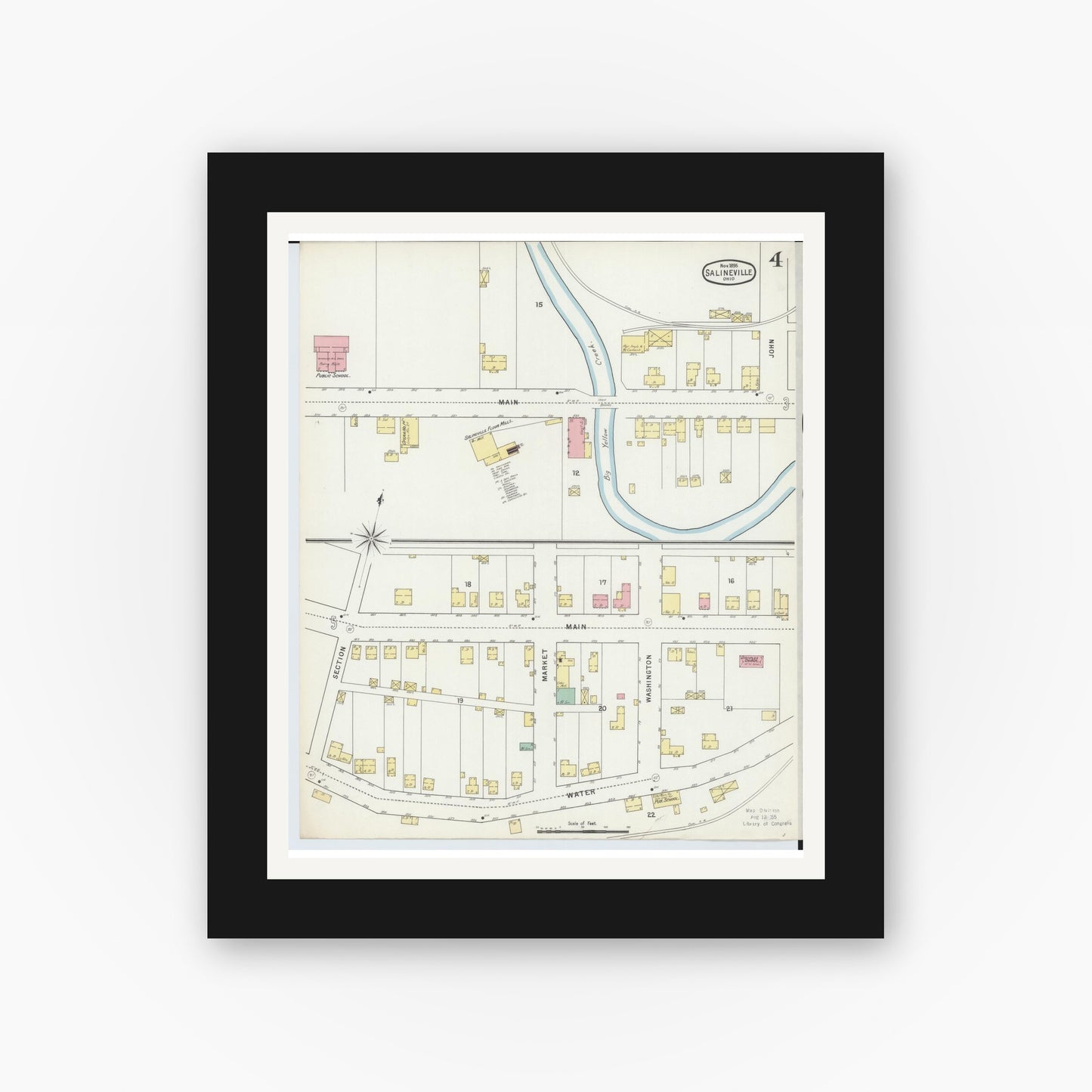 Old map wall art mockup — black gallery frame with white mat — Sanborn Fire Insurance Map from Salineville, Columbiana County, Ohio (1895), Sheet #0004