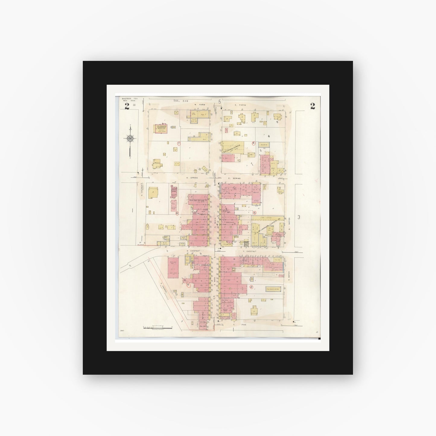 Old map wall art mockup — black gallery frame with white mat — Sanborn Fire Insurance Map from Bastrop, Bastrop County, Texas (1944), Sheet #0002