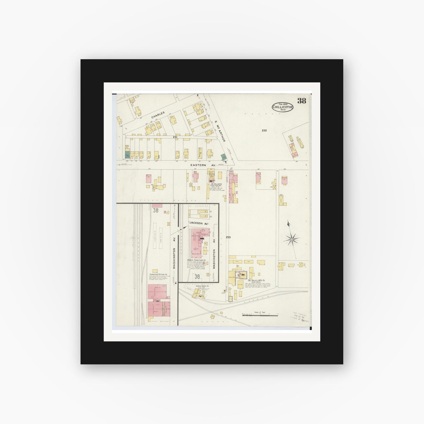 Old map wall art mockup — black gallery frame with white mat — Sanborn Fire Insurance Map from Chillicothe, Ross County, Ohio (1909), Sheet #0038