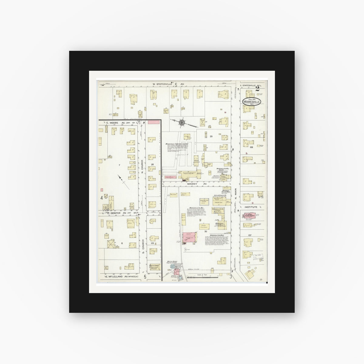 Old map wall art mockup β black gallery frame with white mat β Sanborn Fire Insurance Map from Mooresville, Iredell County, North Carolina (1914), Sheet #0002