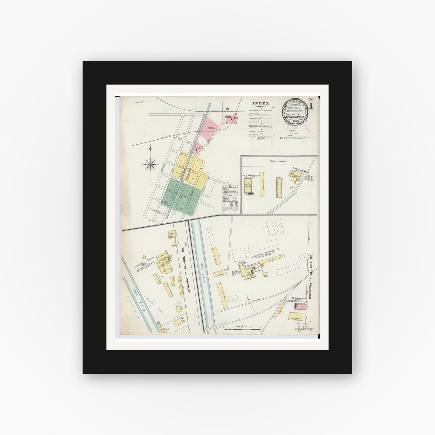 Old map wall art mockup — black gallery frame with white mat — Sanborn Fire Insurance Map from Spencerville, Allen County, Ohio (1895), Sheet #0001