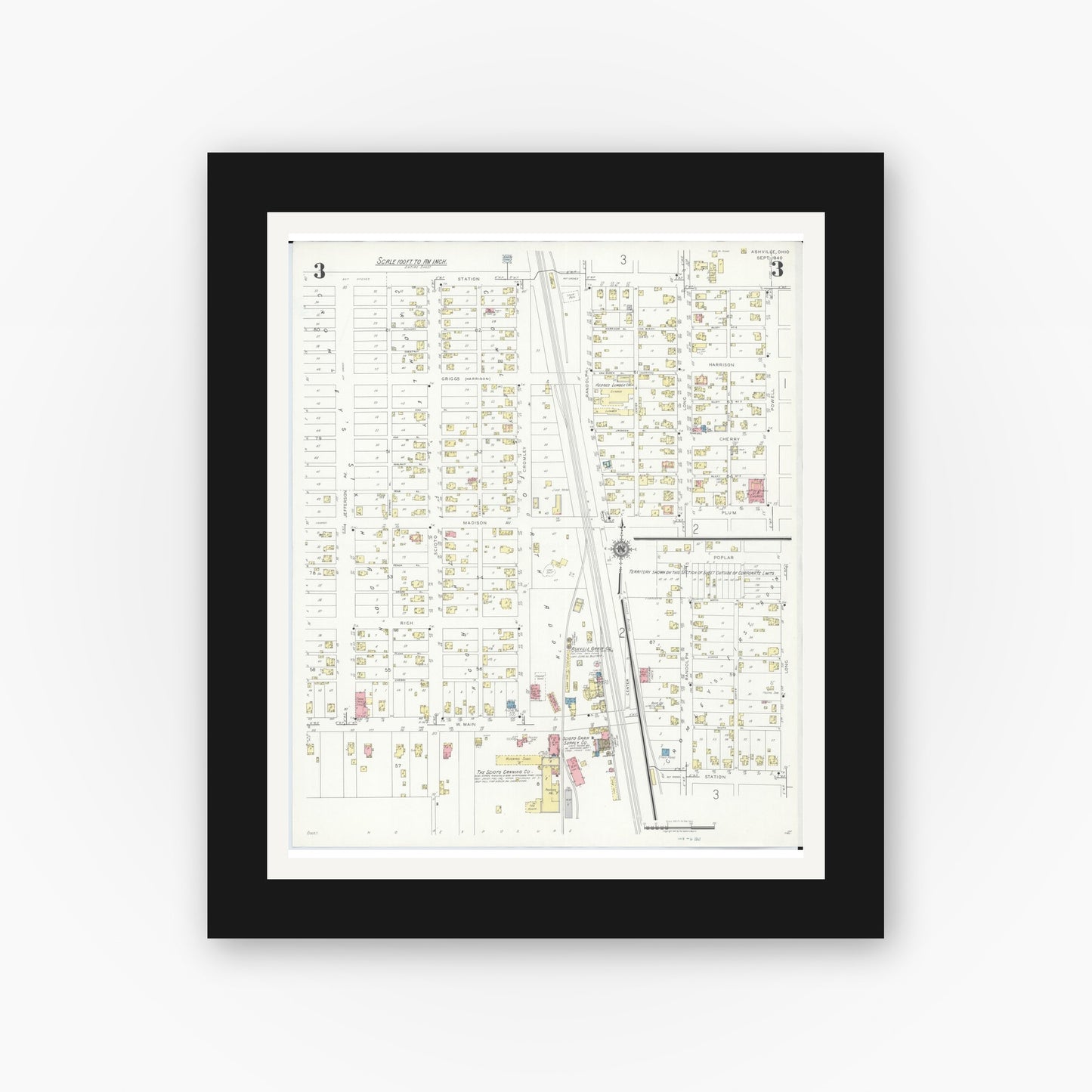 Old map wall art mockup — black gallery frame with white mat — Sanborn Fire Insurance Map from Ashville, Pickaway County, Ohio (1940), Sheet #0003