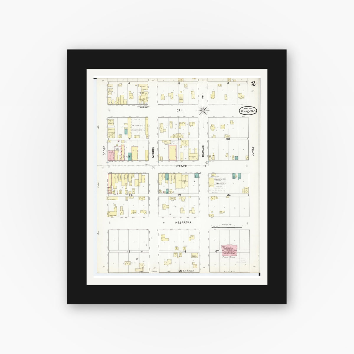 Old map wall art mockup — black gallery frame with white mat — Sanborn Fire Insurance Map from Algona, Kossuth County, Iowa (1892), Sheet #0002