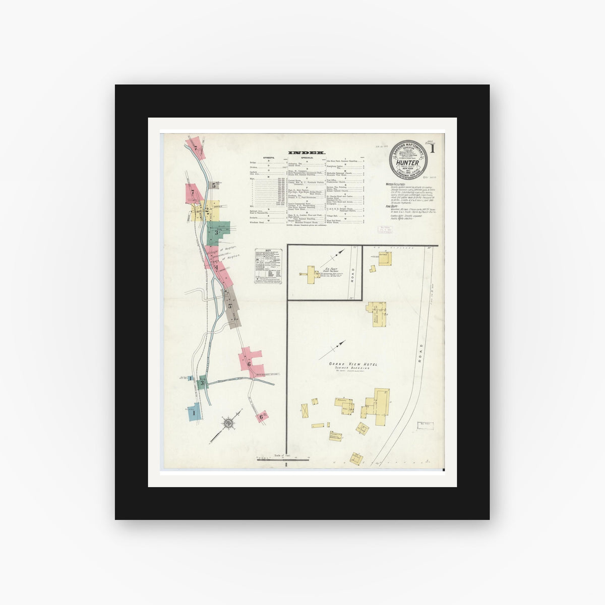 Old map wall art mockup — black gallery frame with white mat — Sanborn Fire Insurance Map from Hunter, Greene County, New York (1912), Sheet #0001