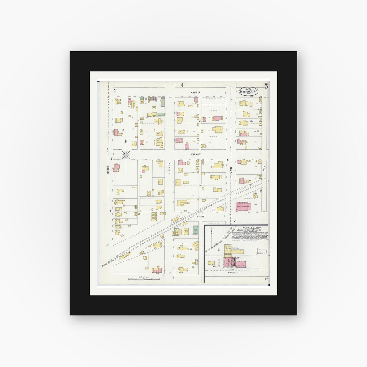 Old map wall art mockup — black gallery frame with white mat — Sanborn Fire Insurance Map from Independence, Jackson County, Missouri (1898), Sheet #0005