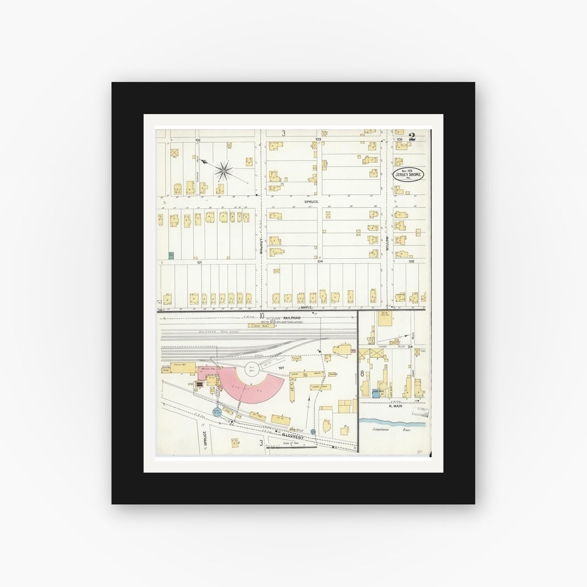 Old map wall art mockup β black gallery frame with white mat β Sanborn Fire Insurance Map from Jersey Shore, Lycoming County, Pennsylvania (1906), Sheet #0002