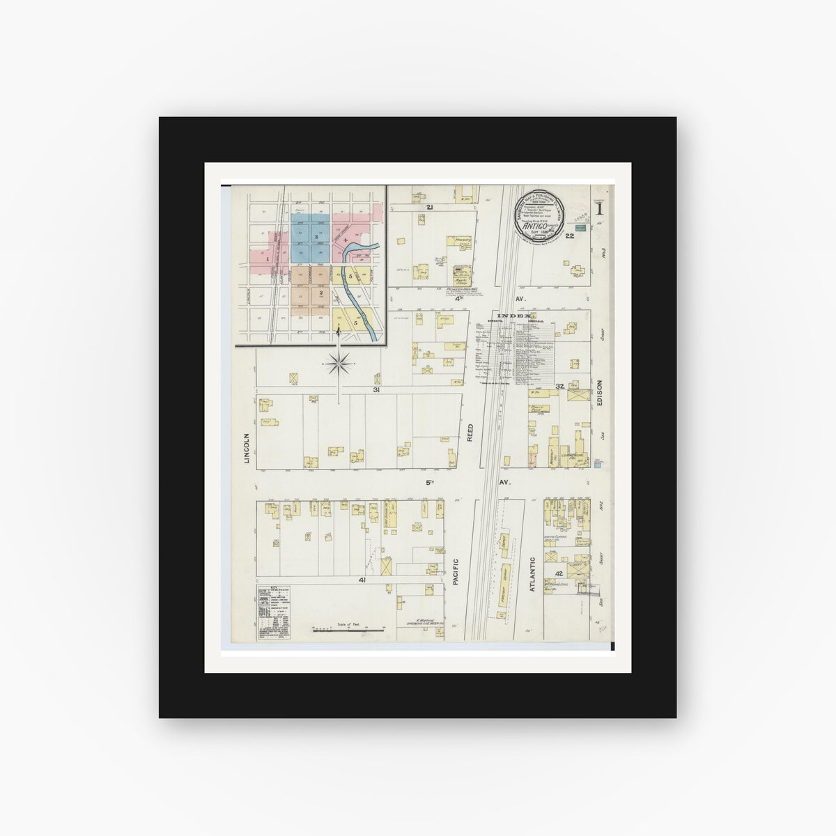 Old map wall art mockup — black gallery frame with white mat — Sanborn Fire Insurance Map from Antigo, Langlade County, Wisconsin (1889) - Complete Map Set