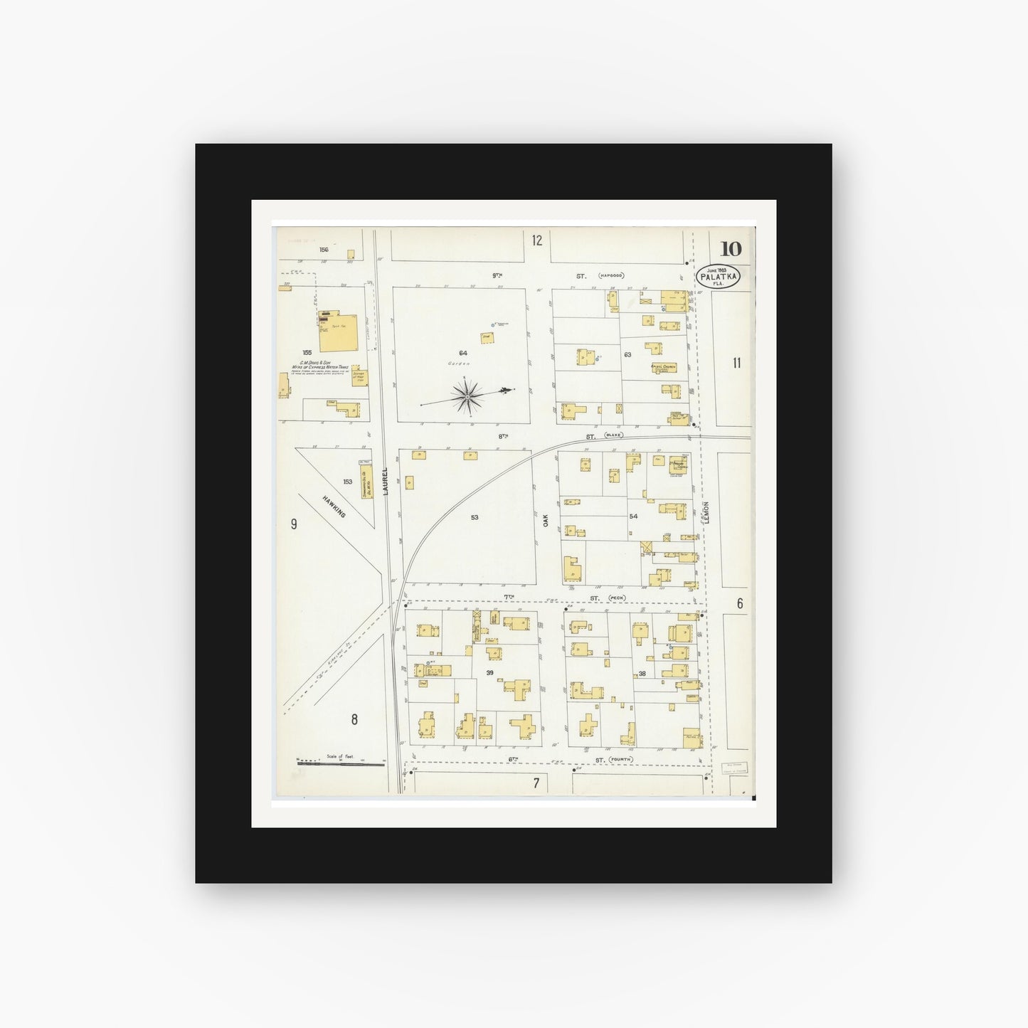 Old map wall art mockup — black gallery frame with white mat — Sanborn Fire Insurance Map from Palatka, Putnam County, Florida (1903), Sheet #0010