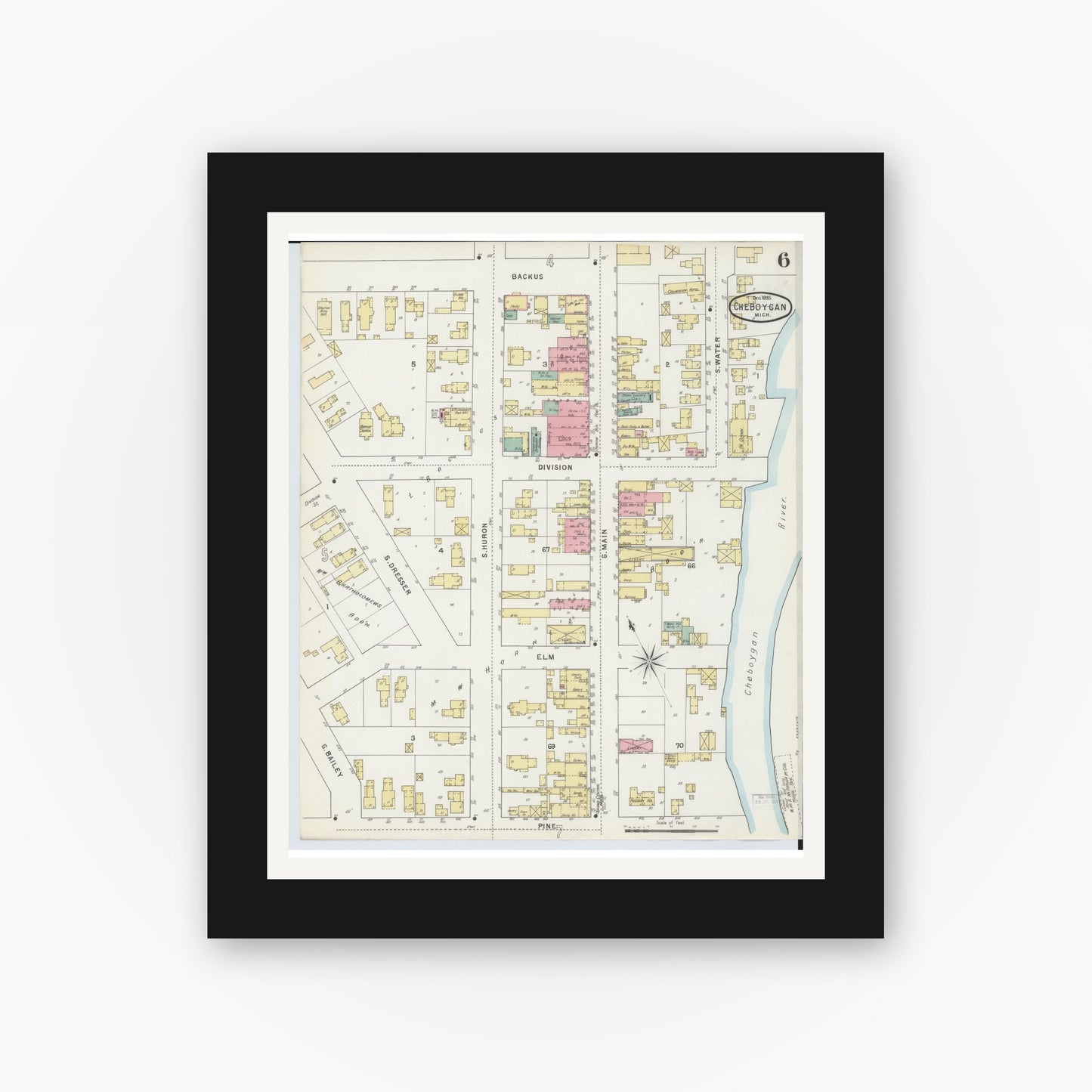 Old map wall art mockup — black gallery frame with white mat — Sanborn Fire Insurance Map from Cheboygan, Cheboygan County, Michigan (1895), Sheet #0006