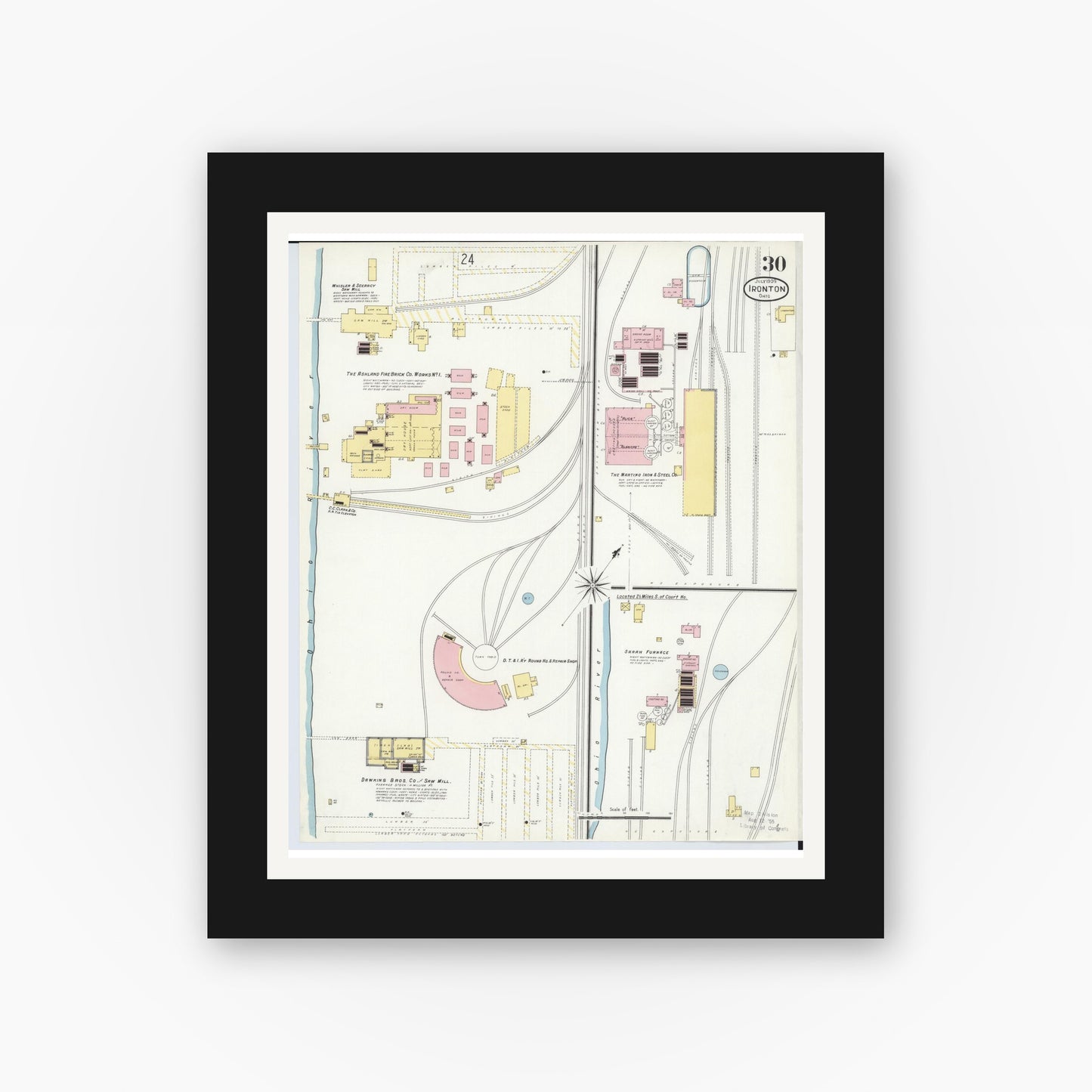 Old map wall art mockup — black gallery frame with white mat — Sanborn Fire Insurance Map from Ironton, Lawrence County, Ohio (1909), Sheet #0030