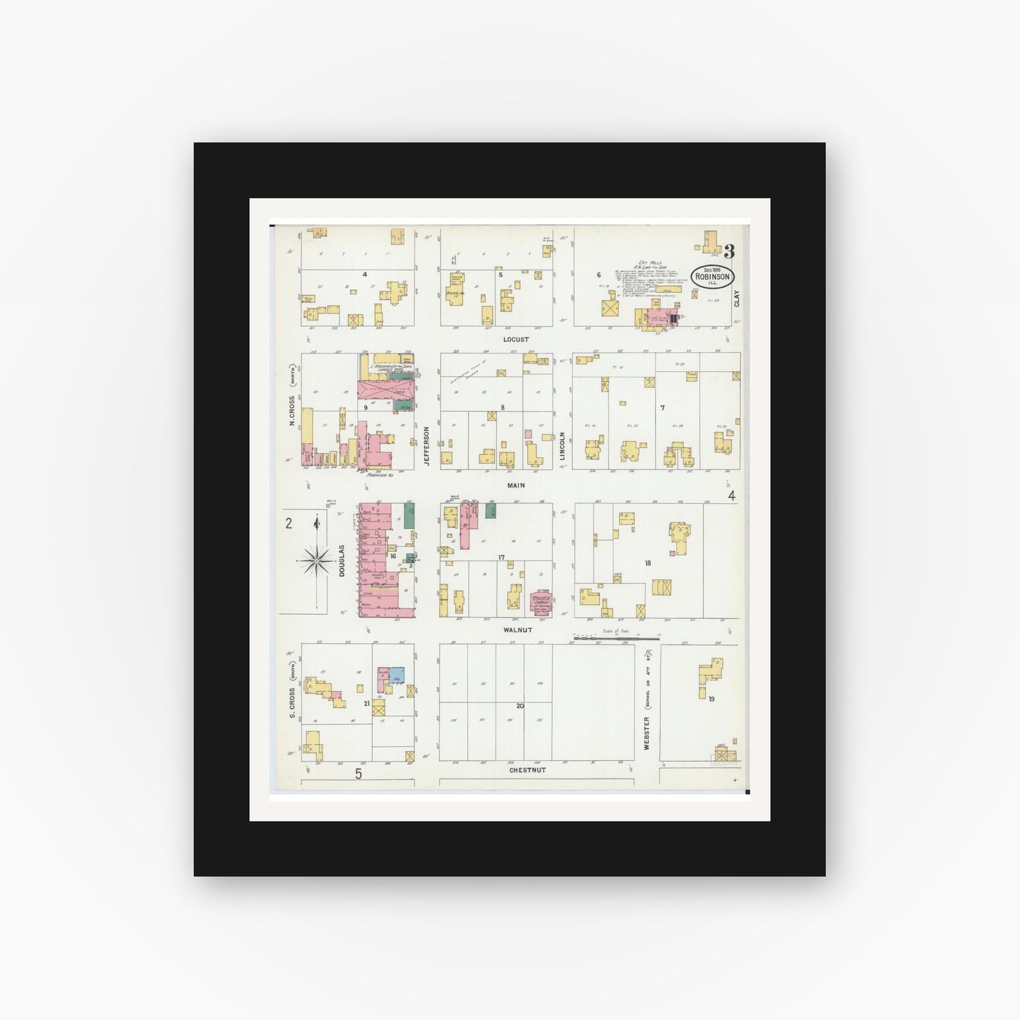 Old map wall art mockup — black gallery frame with white mat — Sanborn Fire Insurance Map from Robinson, Crawford County, Illinois (1899), Sheet #0003
