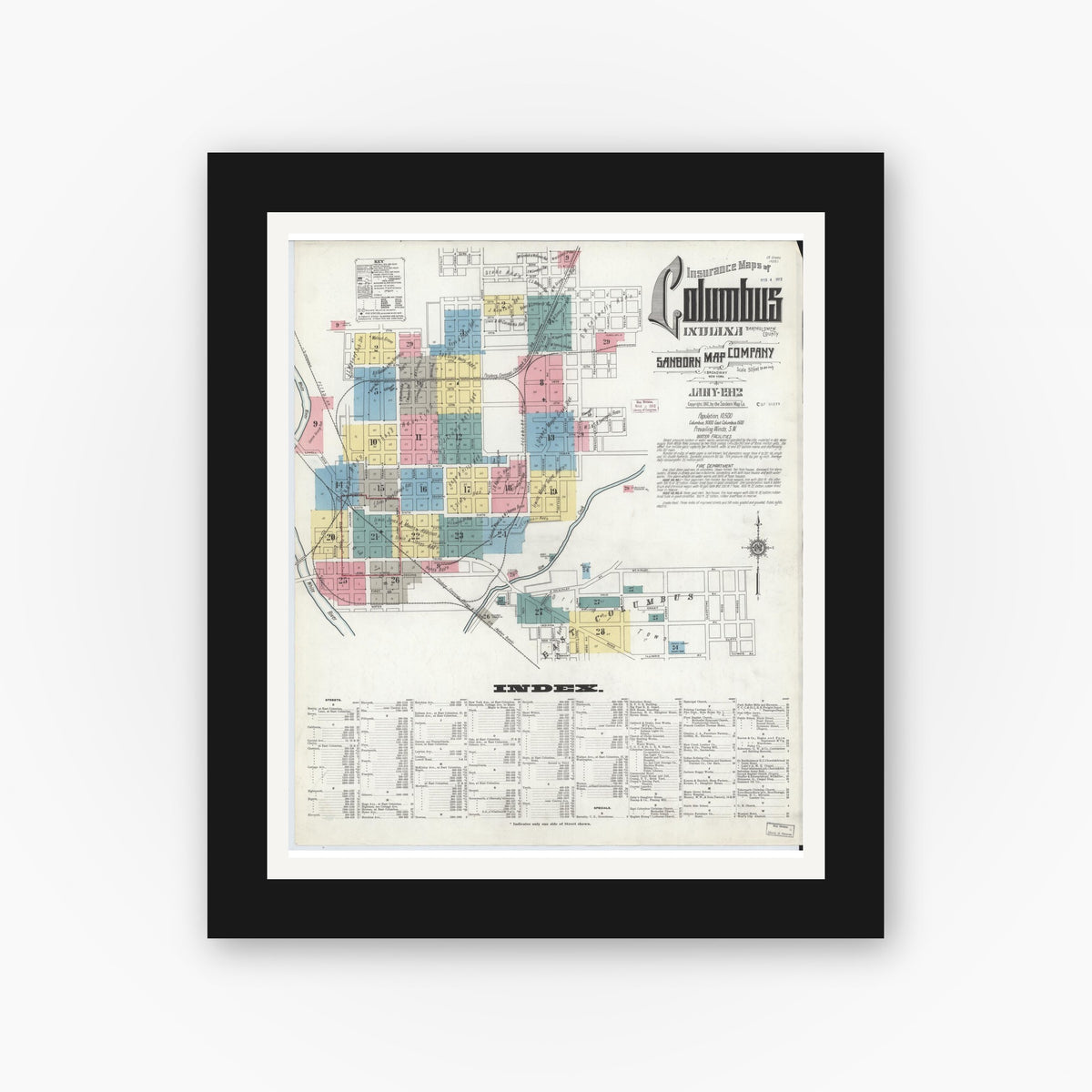 Old map wall art mockup — black gallery frame with white mat — Sanborn Fire Insurance Map from Columbus, Bartholomew County, Indiana (1912) - Complete Map Set