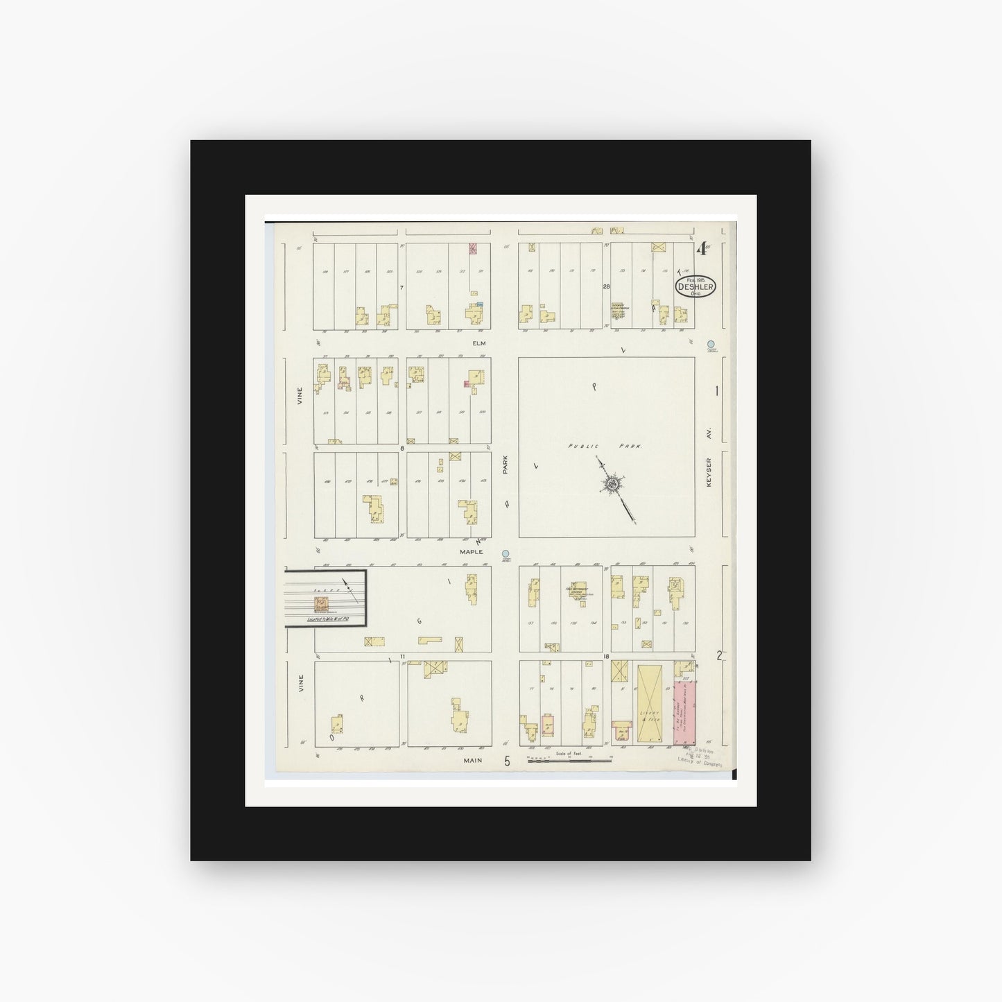 Old map wall art mockup — black gallery frame with white mat — Sanborn Fire Insurance Map from Deshler, Henry County, Ohio (1915), Sheet #0004