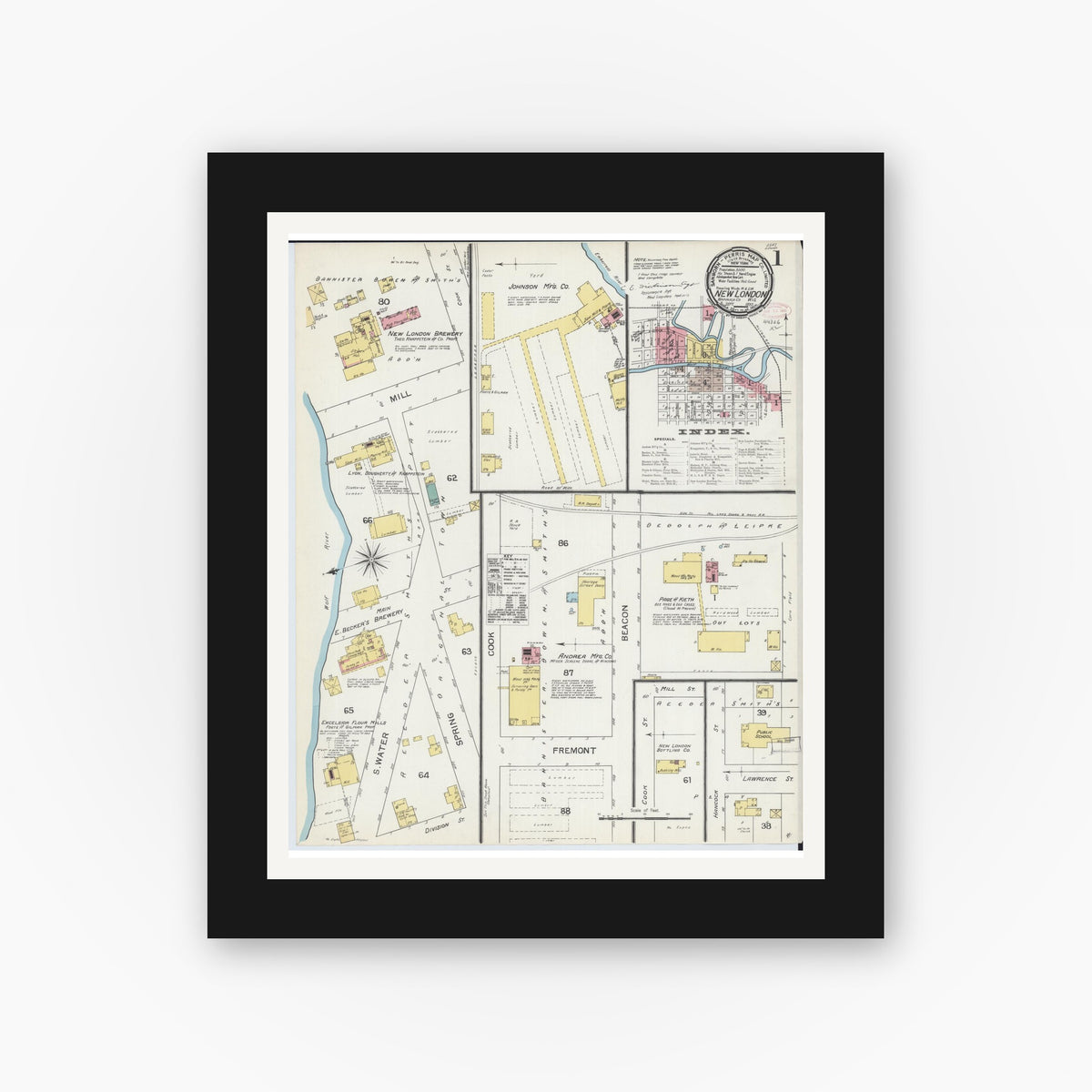 Old map wall art mockup — black gallery frame with white mat — Sanborn Fire Insurance Map from New London, Waupaca and Outagamie Counties, Wisconsin (1892), Sheet #0001