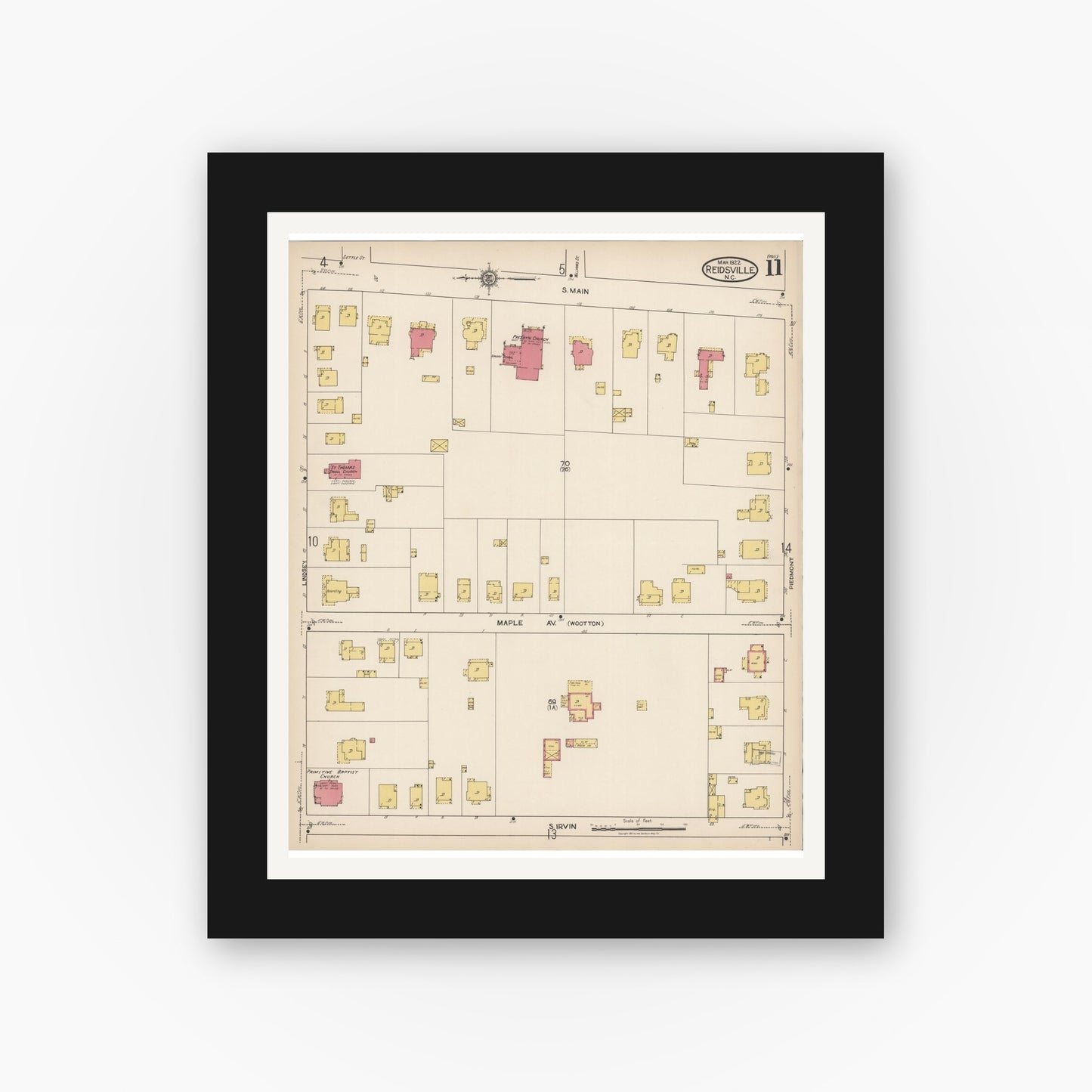 Old map wall art mockup — black gallery frame with white mat — Sanborn Fire Insurance Map from Reidsville, Rockingham County, North Carolina (1922), Sheet #0011