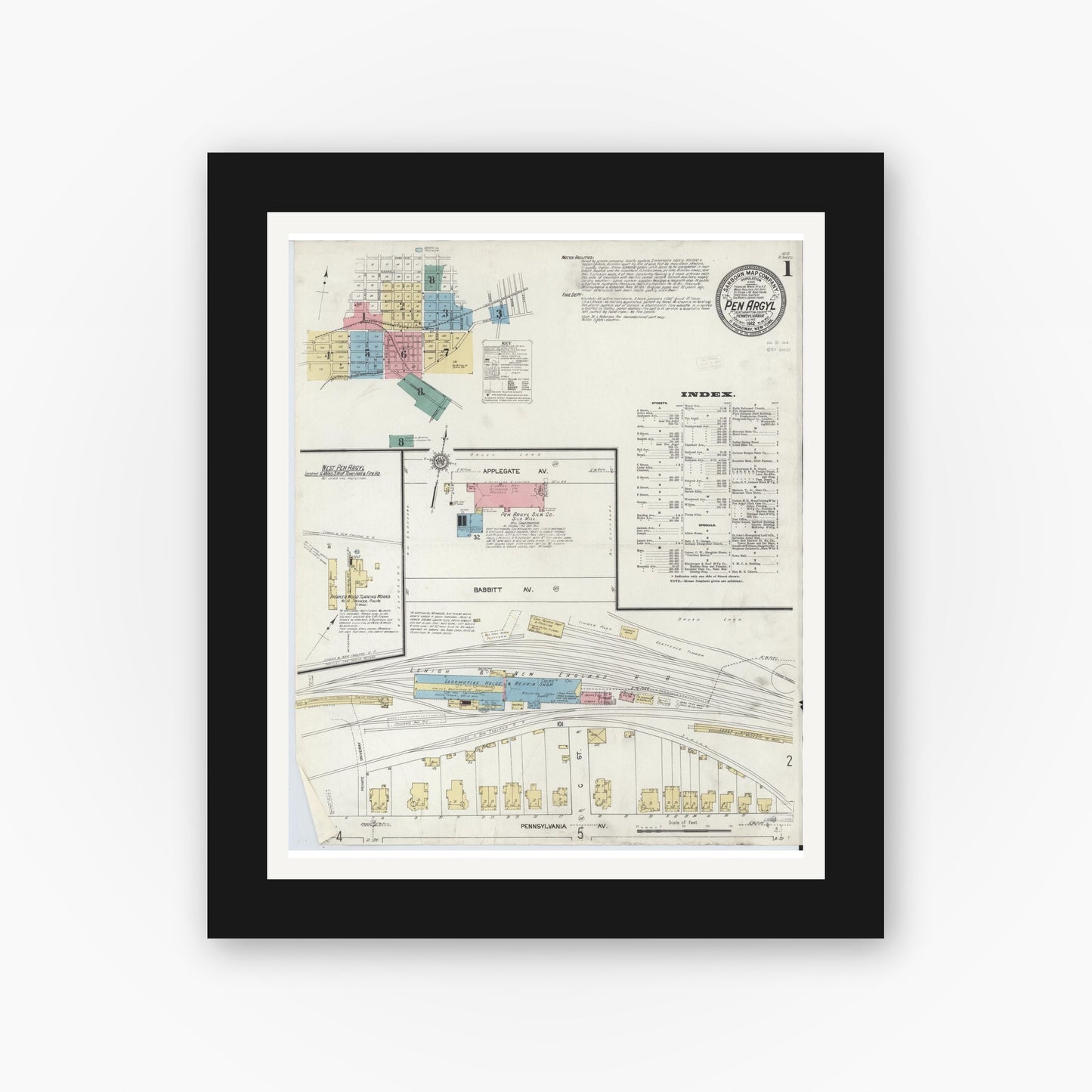 Old map wall art mockup — black gallery frame with white mat — Sanborn Fire Insurance Map from Pen Argyl, Northampton County, Pennsylvania (1912), Sheet #0001