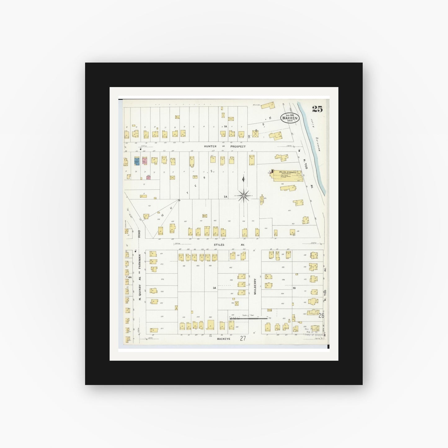 Old map wall art mockup — black gallery frame with white mat — Sanborn Fire Insurance Map from Warren, Trumbull County, Ohio (1908), Sheet #0025