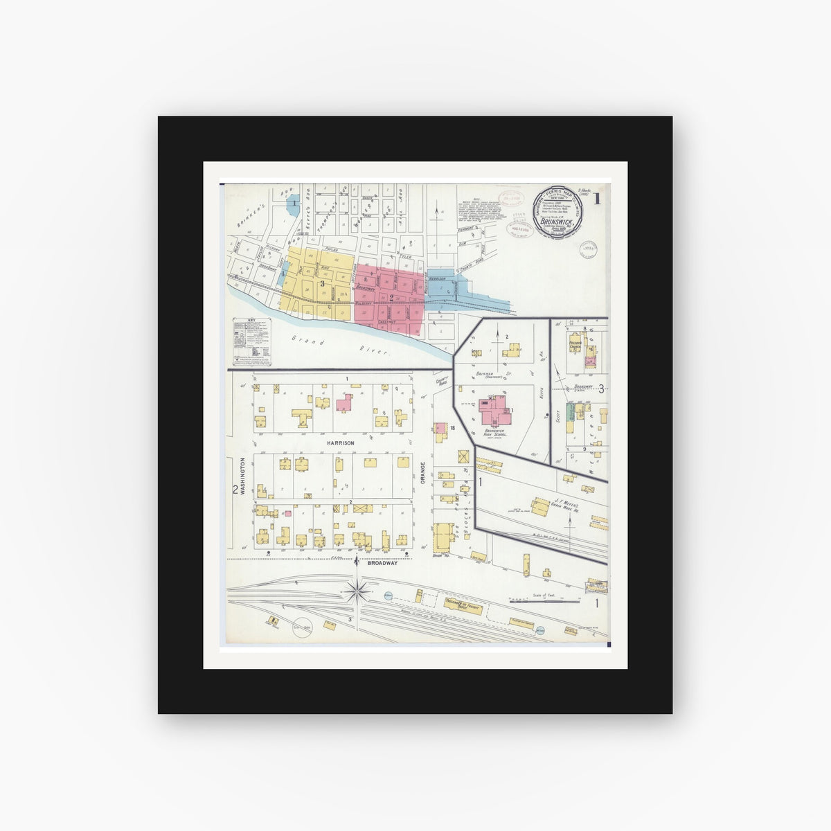 Old map wall art mockup — black gallery frame with white mat — Sanborn Fire Insurance Map from Brunswick, Chariton County, Missouri (1899) - Complete Map Set