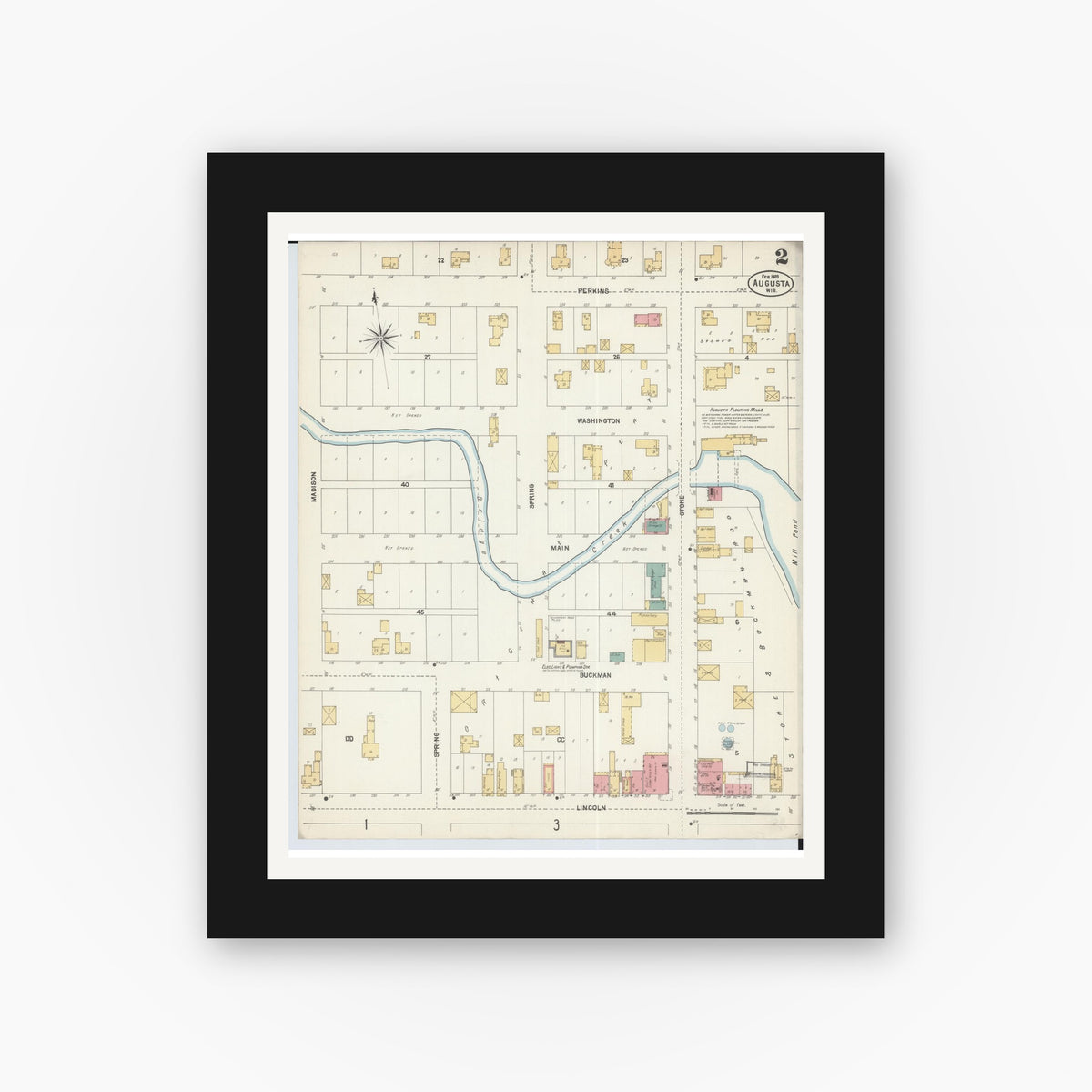 Old map wall art mockup — black gallery frame with white mat — Sanborn Fire Insurance Map from Augusta, Eau Claire County, Wisconsin (1903) - Complete Map Set