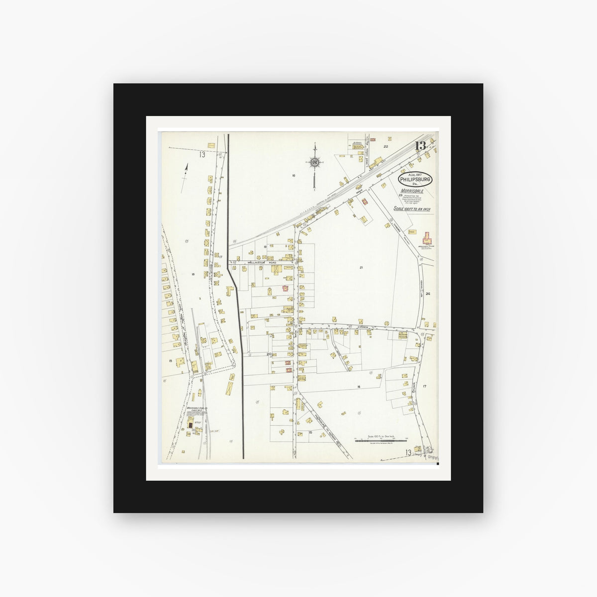 Old map wall art mockup β black gallery frame with white mat β Sanborn Fire Insurance Map from Philipsburg, Centre County, Pennsylvania (1917), Sheet #0013